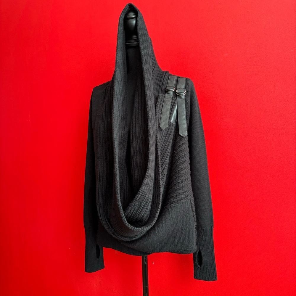 🖤 Nikolas K Convertible Sweater/Cardigan XS Black Leather Accents + Thumb Holes
